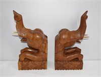 Pair of Wooden Carved Elephant Book Ends 10"
