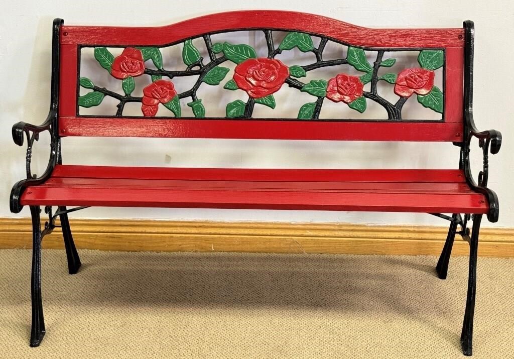 DESIRABLE HAND PAINTED GARDEN BENCH W CAST BASE