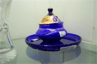 Gold Decorated Blue Powder Jar & Cobalt Rimmed Dis