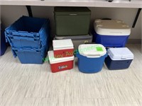 (7) Various Sized Ice Chests (3) Storage Totes