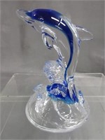 Art Glass Dolphin Sculpture -Blue & Clear Glass