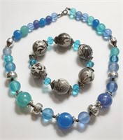 BLUE SHADES BEAD NECKLACE W/ BRACELET