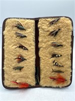 13 salmon fishing flies and leather case