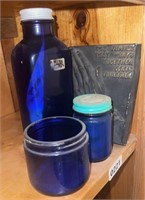 Ceramic Prayer Plaque & (3) Cobalt Jars/Bottles