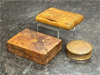 Trio Fine Burled Wood Snuff Boxes