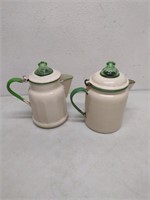 Two Vintage Enamel And Depression Glass Coffee Pot