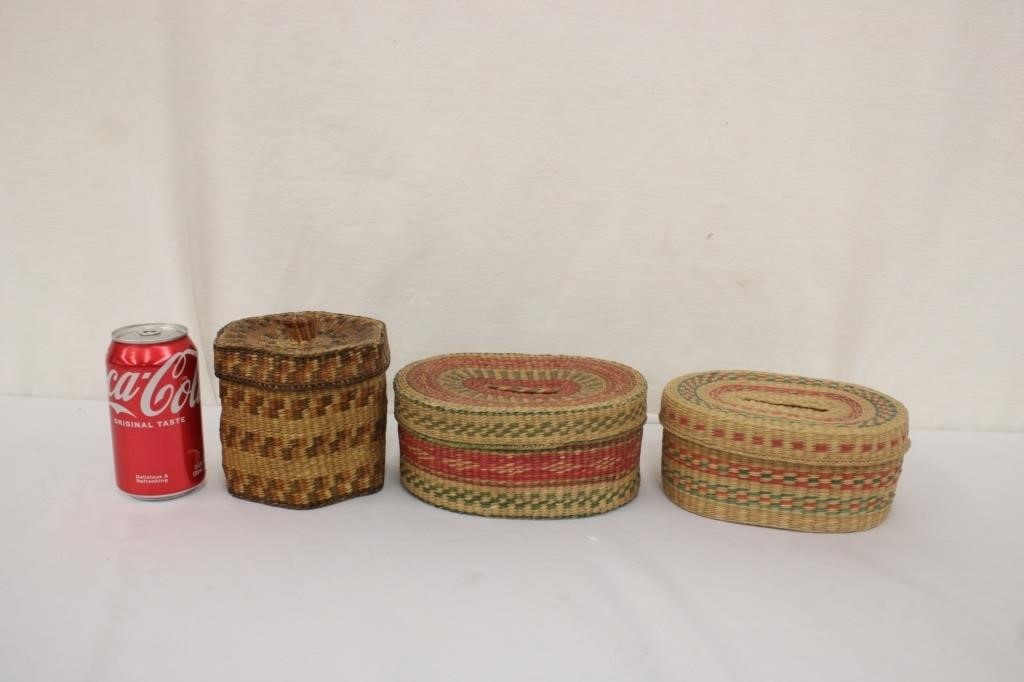 3 Boho Style Hand Woven Baskets w/ Lids #1