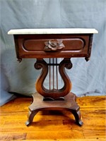 Victorian Revival Lyre Based Marble Top End Table
