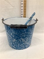 Blue & White Swirl Graniteware Pail & Ladle, 9”T