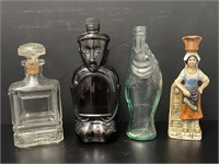 4 Alcohol Bottles and Decanter