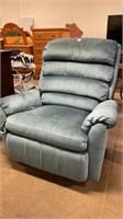 Blue upholstered swiveling recliner