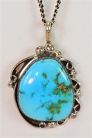 Indian Silver Turquoise Pedant Silver Chain Signed