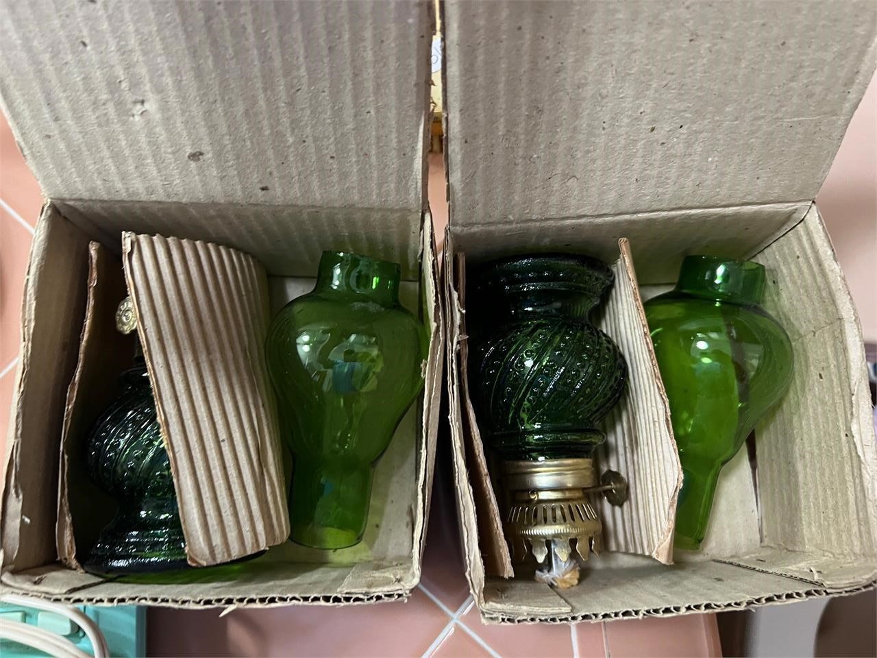 2 SMALL GREEN OIL LAMPS