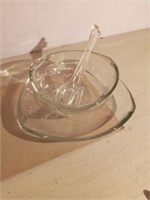 Glass salad bowl & plate w/serving fork & spoon