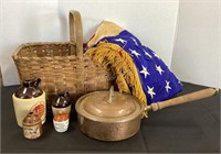 Basket, Fringed Flag, Copper Skillet & Stoneware