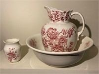 Red & White Floral Pitcher, Bowl & Vase