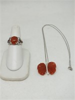 STERLING SILVER CARNELIAN PENDENT AND RING SET