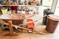 Vintage Wheelbarrow, Seeder, (2) Trash Cans, Wood