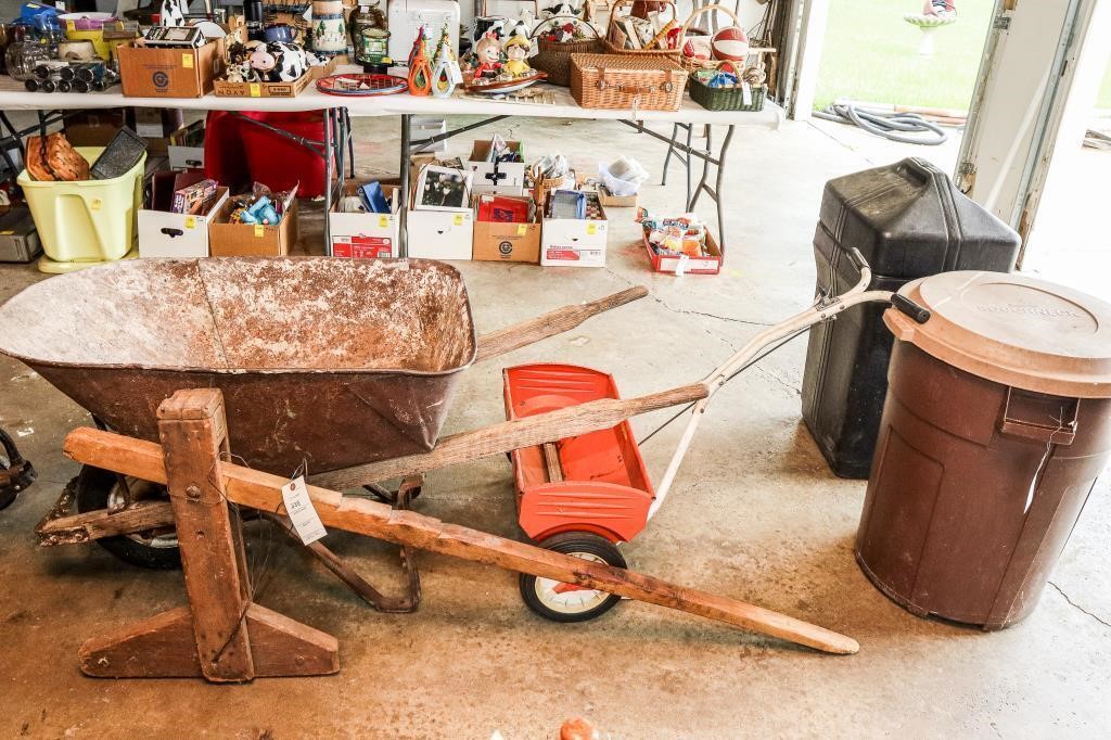 Vintage Wheelbarrow, Seeder, (2) Trash Cans, Wood