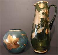 Green Glass & Gold Pitcher With Blue Glass & Gold