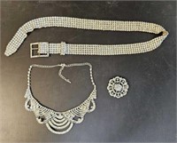 Costume Jewelry Rhinestone Belt, Brooch & Necklace