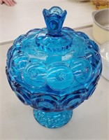 Blue art glass compote approx 13 inches tall.