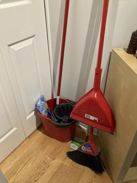 Lot of Brooms & Mops w Bucket