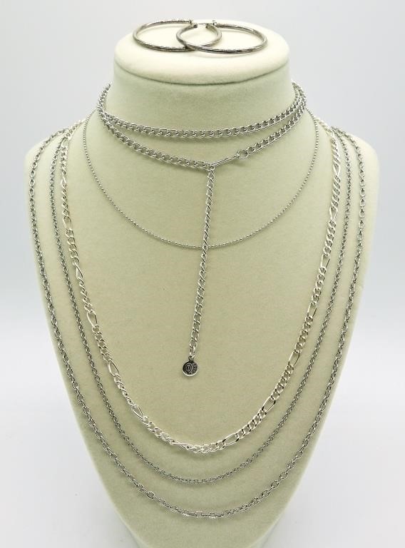 Silver Tone Chain Necklaces & Hoop Earrings