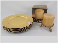 Gold Plastic Chargers & Candle
