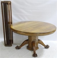 Claw Foot Oak Pedestal Dining Table, 3 Leaves