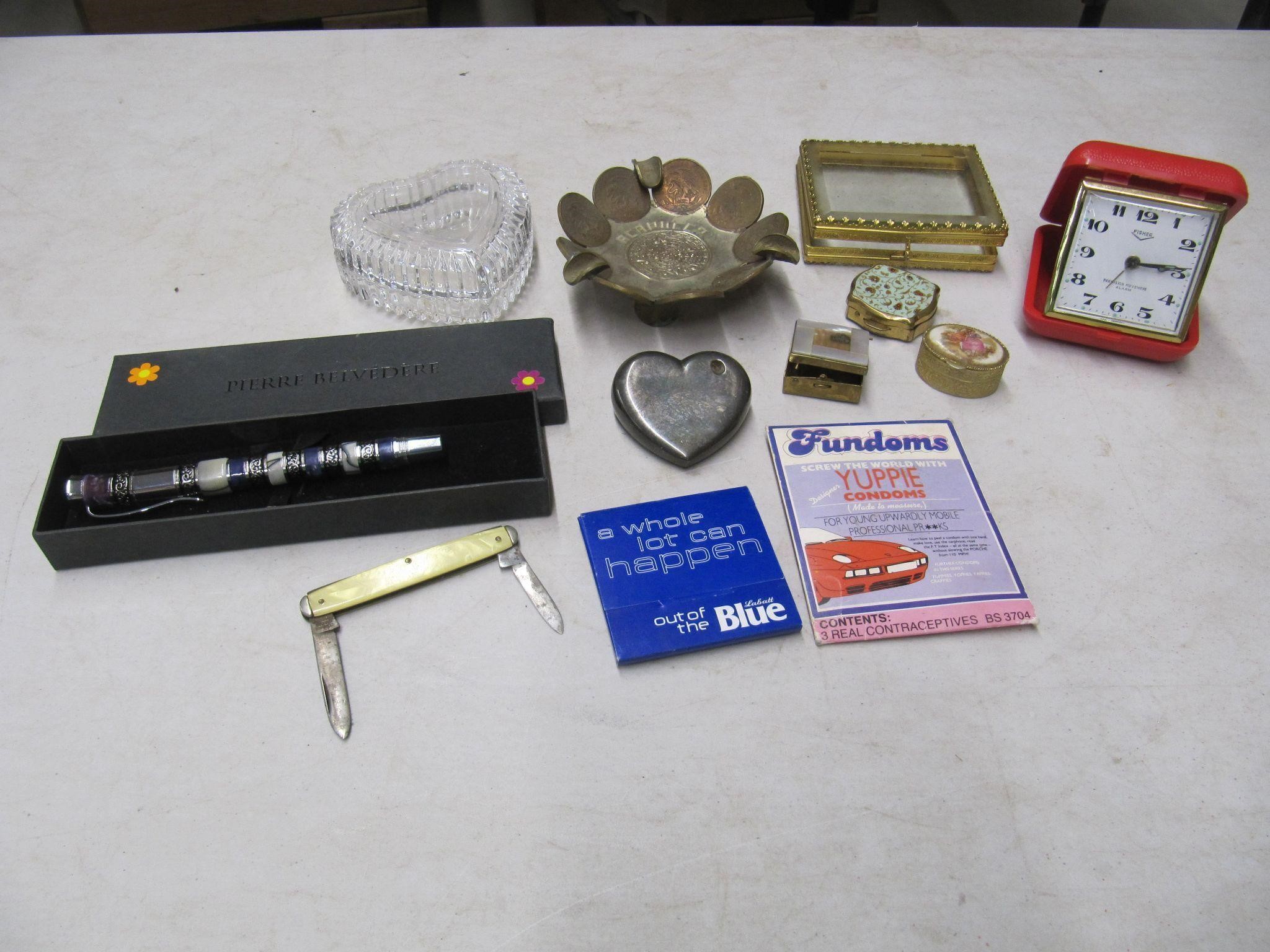 PILL CONTAINERS, FOLDAWAY KNIFE, ALARM CLOCK, ETC