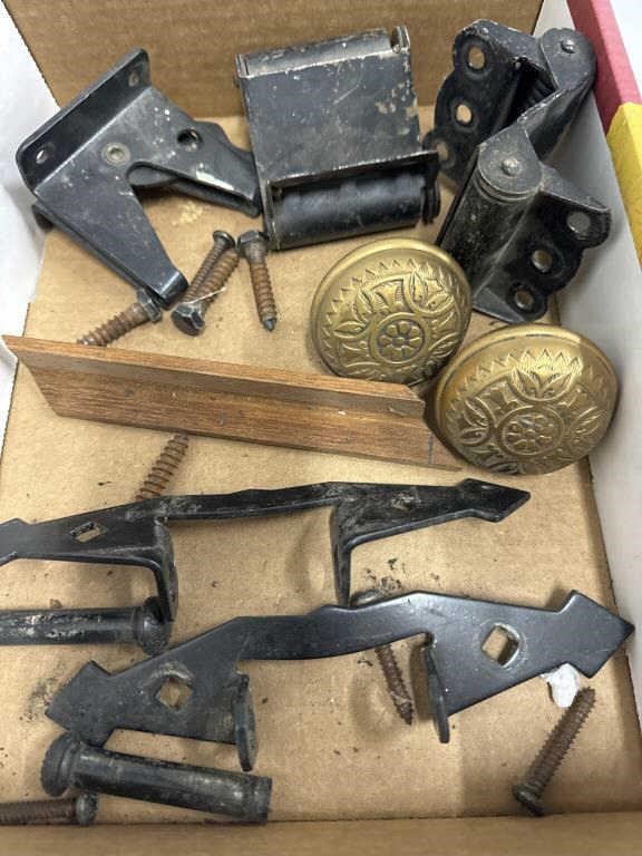 Boxed lot of antique hardware, including hinges,
