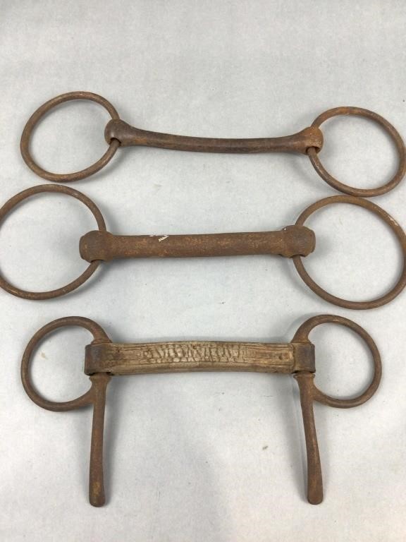 3 antique horse bridles 2 are iron 1 is leather