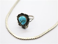 Old Pawn Turquoise Silver Ring & Sterling Necklace
