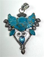 SterlingTurquoise/Blue Topaz Skull Pendant 18 Gr