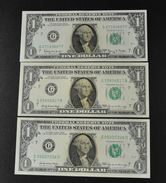 3 USA one dollar bank notes