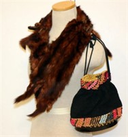 Mink Stole & Vintage Bag Purse w Beads