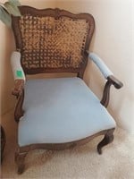 Vintage Blue Fabric Caned Back Arm Chair