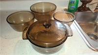 Lot of 3 Anchor Glass Mixing Bowls & 1 Casserole