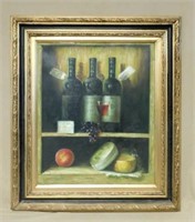 Wine and Cheese Still Life Oil on Canvas, Signed.