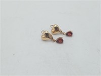 14K Yellow Gold Leverback Garnet Heart Earrings