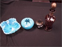 Four pieces of art glass: blue satin glass rose