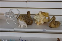 SHELL, 2 WOOD CARVED DUCKS, GLASS MOOSE AND