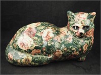 Vtg 14" Calico Cloth Covered Ceramic Cat Figurine