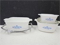 Corning Ware Bowls & Metal Trivet Holder