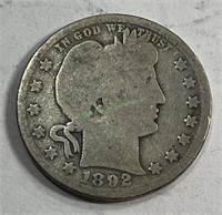 1892 o Better Date Barber Quarter $27CPG
