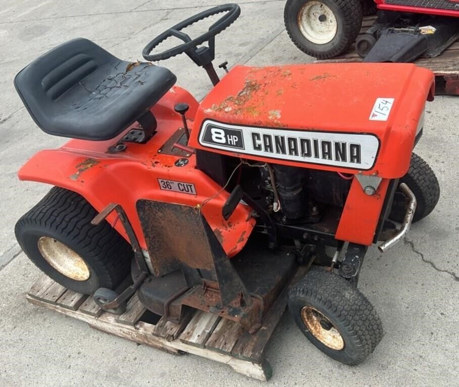 1976 CANADIANA 8hp Riding Lawn Mower. For parts