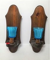 Pair of Wood Wall Sconces with Blue