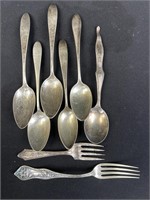 Eight pieces, sterling, silver, five matching