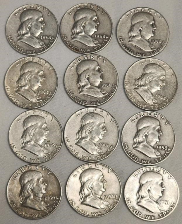 12- Franklin 1/2 Dollars 90% Silver